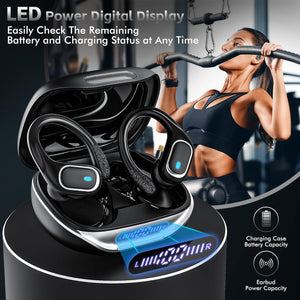 Bluetooth Headphones Wireless Earbuds with Earhooks for Sport, Hifi Stereo, ENC Mic, 80Hrs LED Display, IPX7 Waterproof Ear Buds for during Running/Workout Black