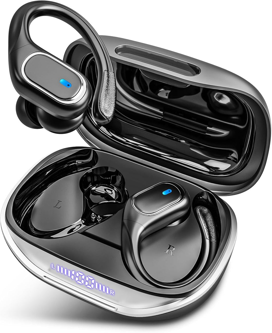 Bluetooth Headphones Wireless Earbuds with Earhooks for Sport, Hifi Stereo, ENC Mic, 80Hrs LED Display, IPX7 Waterproof Ear Buds for during Running/Workout Black